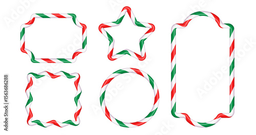Christmas candy cane frame set . Festive red, green and white striped borders for Holiday design. Vector Illustration with Space for Text on White Background. For Cards, Posters , Seasonal Templates