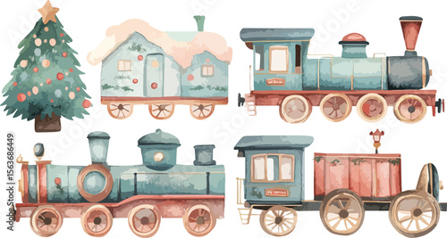 Watercolor Christmas Train Set with Christmas Tree and Snow Covered House Carriages on White
