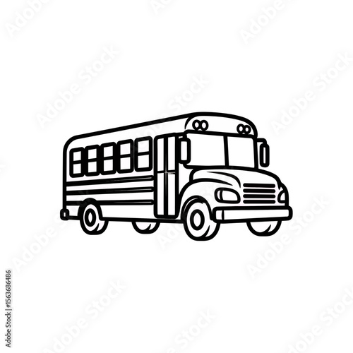 Monochrome vector illustration showcasing a traditional American school bus outline graphic isolated simple line art design for educational transport back to school themes