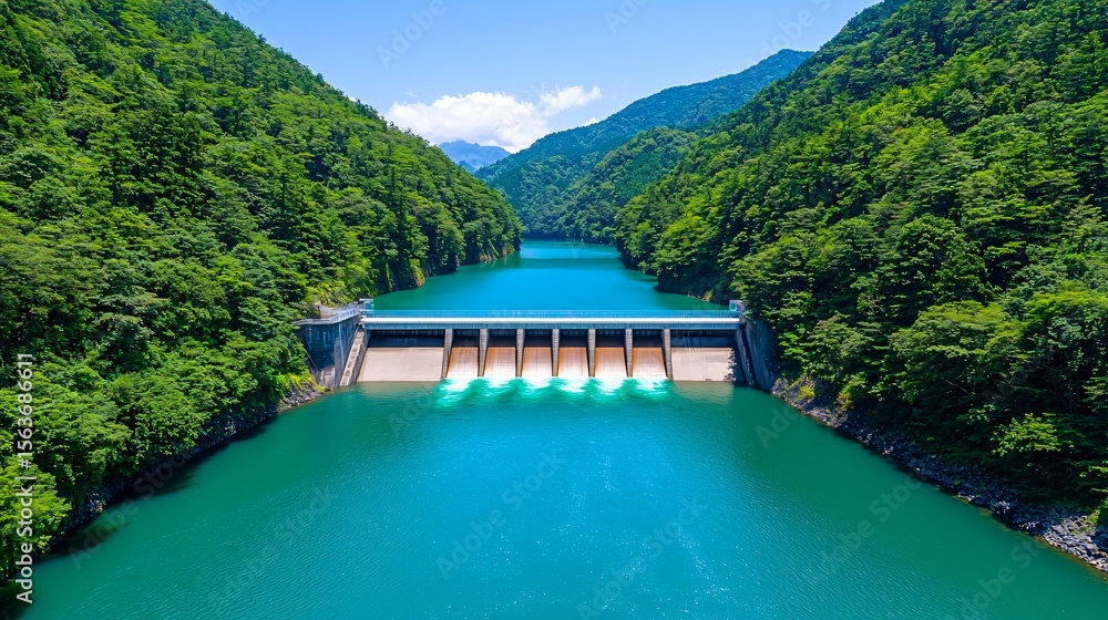 Naklejka premium A majestic river flowing cleanly through a reforested valley, with a small, efficient hydroelectric power plant subtly integrated into the landscape, emphasizing clean energy sources