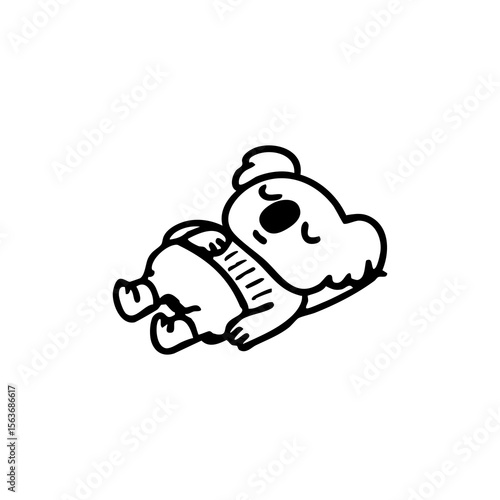 Simple black and white drawing of a koala lying down, wearing a striped sweater