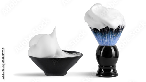 Transparent Background: Shaving Ritual Set - Fluffy White Foam in a Black Bowl and on a Blue-Tipped Shaving Brush, Ideal for Grooming Product Displays.

