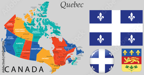 Vector of Quebec coat of arms, flag and map. Great for Canadian themed designs, education, government projects and cultural identity visuals.