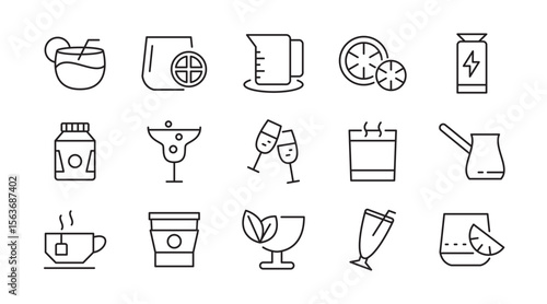 Drinks line icon set. Refreshing, garnishes, water, straws, craft beer, glassware, cocktail, coffee, tea, alcohol, relax, party, beer, bottle line icon set. Ui thin line icon pack.