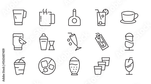 Drinks line icon set. Refreshing, garnishes, water, straws, craft beer, glassware, cocktail, coffee, tea, alcohol, relax, party, beer, bottle line icon set. Ui thin line icon pack.