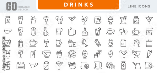 Drinks line icon set. Refreshing, garnishes, water, straws, craft beer, glassware, cocktail, coffee, tea, alcohol, relax, party, beer, bottle line icon set. Ui thin line icon pack.