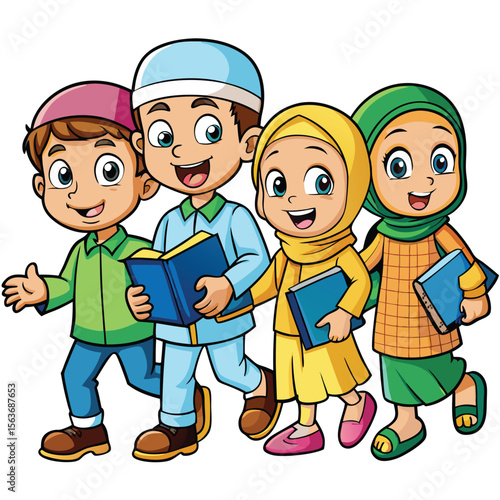 Four happy children with books walking together