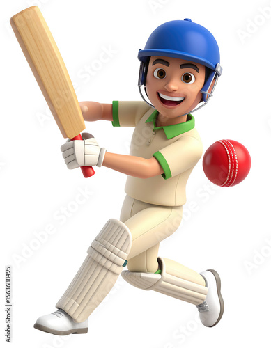 A cartoon cricket player swinging bat at red ball with blue helmet on head isolated on transparent background
