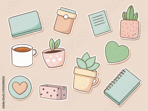 Cute and Cozy Aesthetic Sticker Collection Featuring Plants Coffee and Stationery on a Light Background