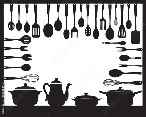 Kitchen Utensils Border Silhouette A Culinary Frame of Cooking Tools and Serving Implements for Food Preparation on a Transparent Backdrop