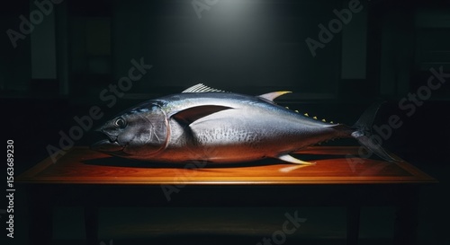 Magnificent whole tuna fish displayed on a wooden table with dramatic lighting