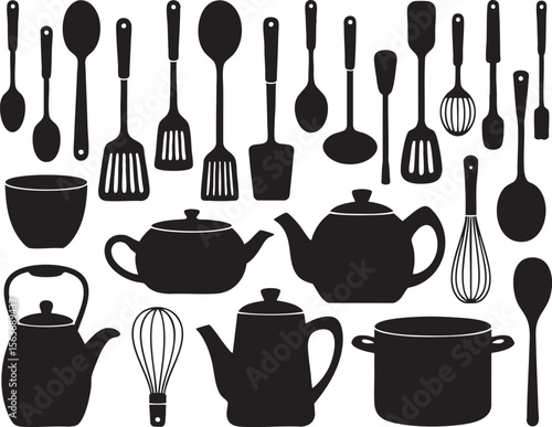 Kitchen Utensils Silhouette Pattern A Culinary Array of Cooking Tools and Serving Implements for Food Preparation on a Transparent Background