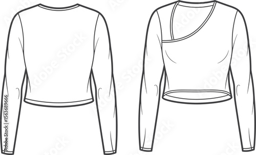  Women's Cropped Asymmetrical Long-Sleeve T-shirt Fashion Flat Sketch Technical Drawing - Trendy Apparel Design Vector Illustration