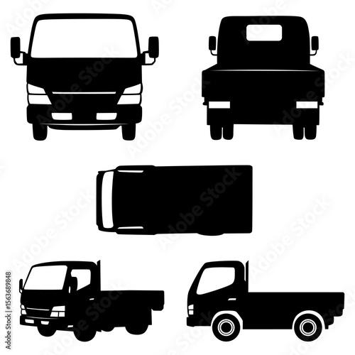 Truck silhouette on white background. Vehicle icons set view from side, front, back and top.