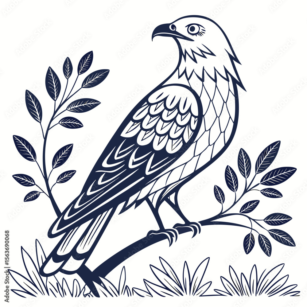 Dark Blue Eagle Bird Illustration White Background Floral Branch Dark Blue Eagle Bird Illustration White Background Floral Branch