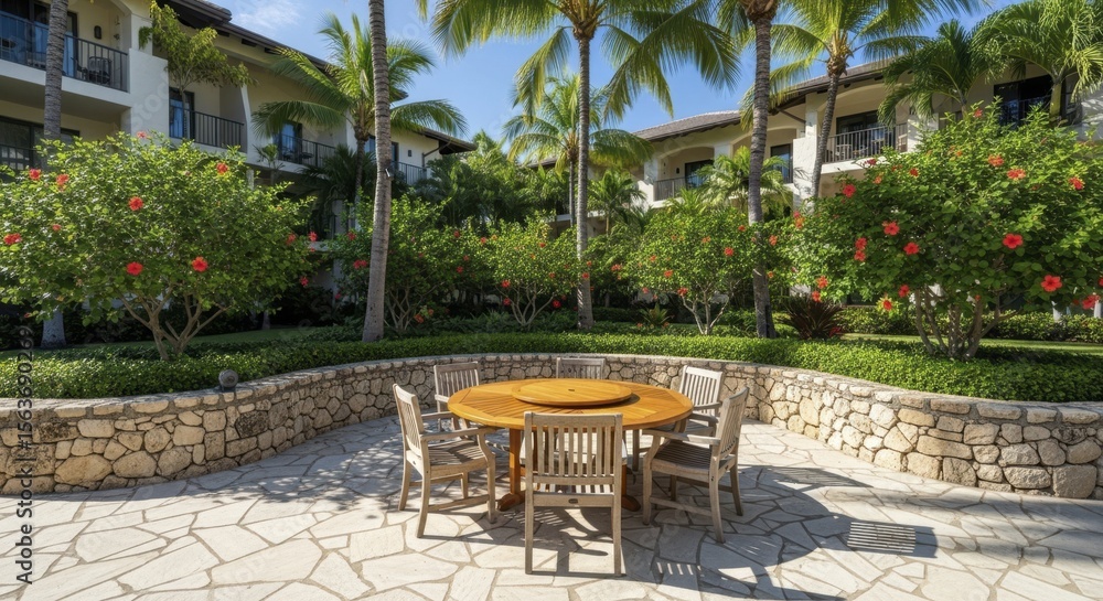 Obraz premium Tropical resort courtyard with outdoor dining table and chairs on stone patio