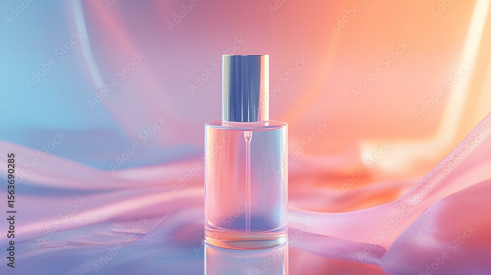Perfume Bottle on Silk: A sleek, transparent perfume bottle with a silver cap sits elegantly on a shimmering silk fabric, bathed in a soft, neon light. Perfume Bottle on Silk: A sleek, transparent perfume bottle with a silver cap sits elegantly on a shimmering silk fabric, bathed in a soft, neon light.