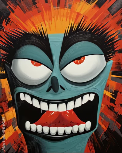 A vibrant cartoon character with a blue face, wide open mouth, and large, staring eyes is depicted in this painting, exuding a mix of shock and wonder