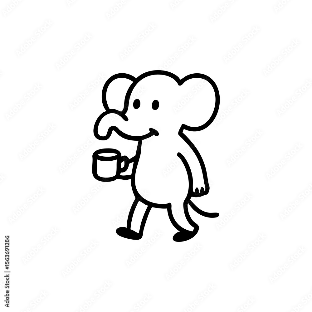 A simple black line drawing of a cartoon elephant holding a cup A simple black line drawing of a cartoon elephant holding a cup