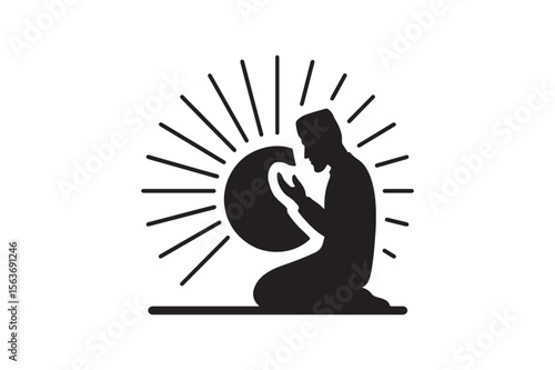 dawn prayer scene silhouette vector art illustration on white background