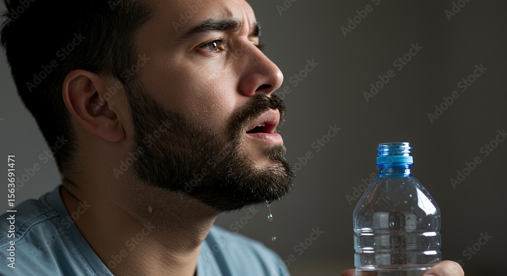 Thirsty man with beard, sweat dripping, holds water bottle, relief sought after exertion. Thirsty man with beard, sweat dripping, holds water bottle, relief sought after exertion.