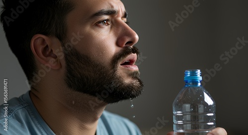 Thirsty man with beard, sweat dripping, holds water bottle, relief sought after exertion.