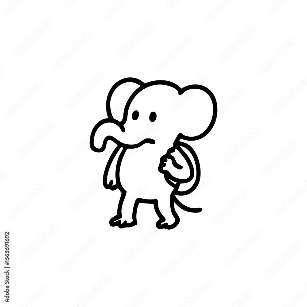 Simple black line drawing of a cartoon elephant with a backpack Simple black line drawing of a cartoon elephant with a backpack