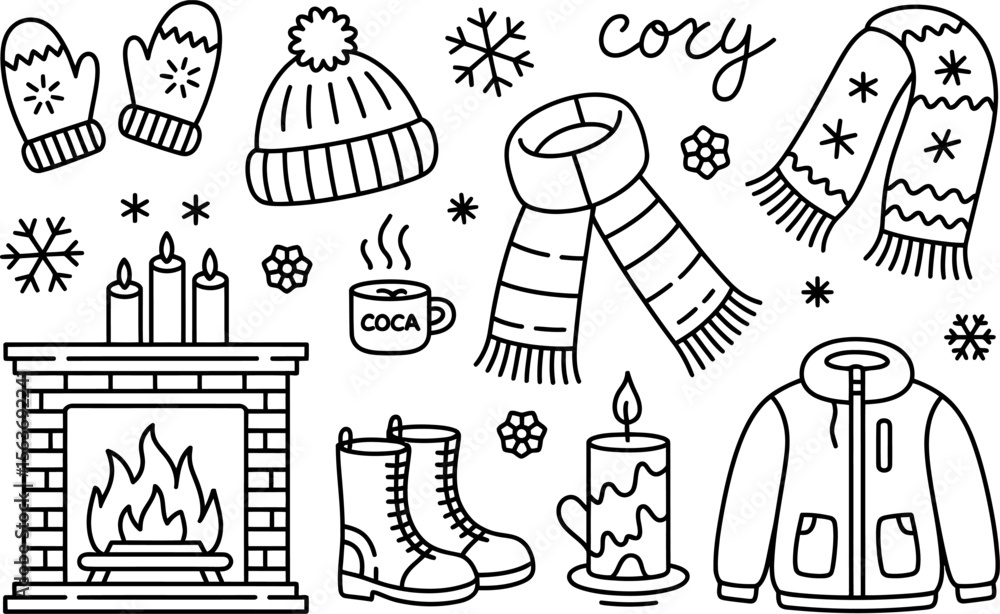 Obraz premium Winter Cozy Items Illustration Mittens Hat Scarf Fireplace Boots Jacket Cocoa Candles