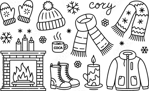 Winter Cozy Items Illustration Mittens Hat Scarf Fireplace Boots Jacket Cocoa Candles