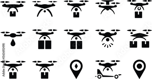 Black Drone Icons Delivering Packages and Showing Location Symbols