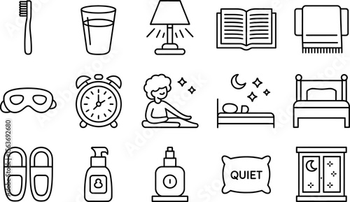 Black and White Sleep Routine Icons: Toothbrush Glass Lamp Book Towel