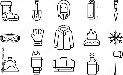 Winter Survival Icons: Boots Shovel Eskimo Jacket Campfire Snowflake Goggles