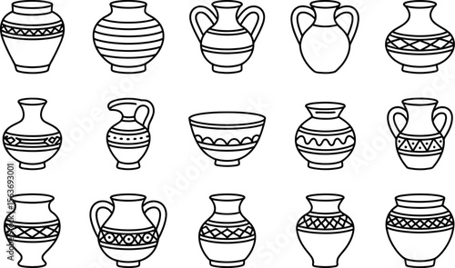 Black Line Art Pottery Vessels and Bowls on White Background