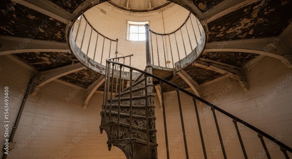 Obraz premium Inside a lighthouse, a rusty spiral staircase ascends towards a window, illuminated by natural light, depicting an old tower.