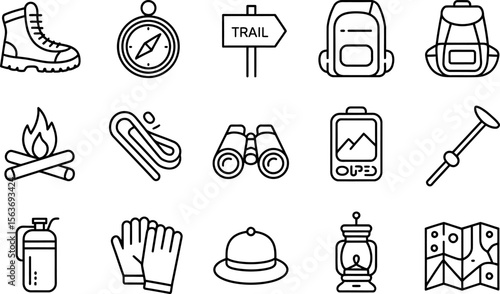 Hiking and Camping Equipment Icons in Black Outlines