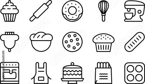 Baking Icons Set Cupcake Rolling Pin Donut Whisk Mixer Bread Oven Apron Cake