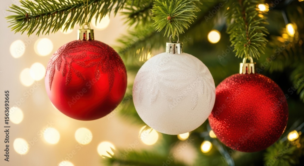 Obraz premium Christmas Tree Ornaments Red and White Glitter Lights Decoration Festive Season