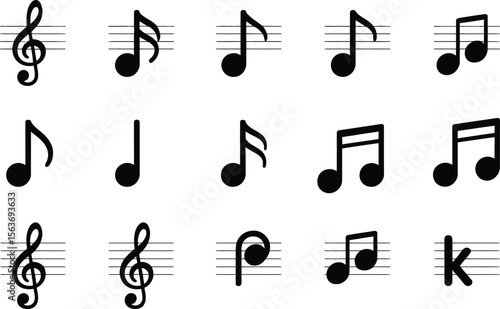 Black Musical Notes and Symbols on White Background