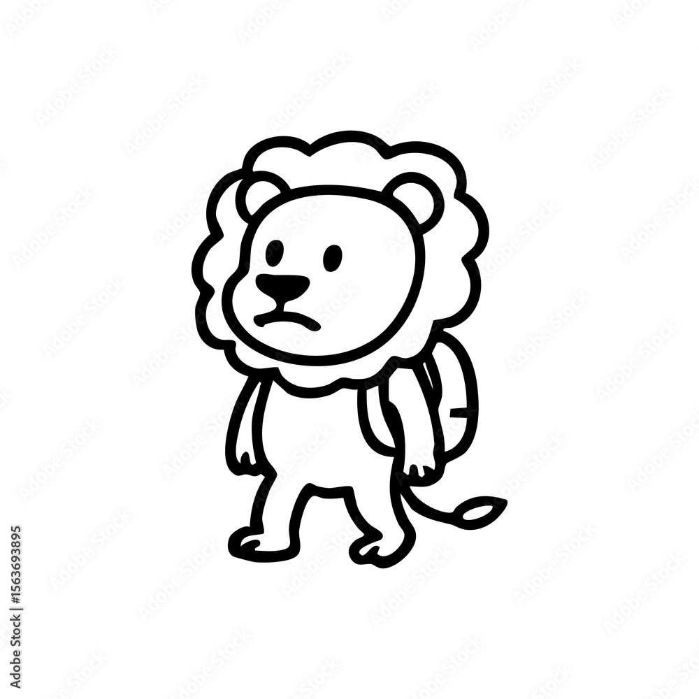 A simple black line drawing of a lion wearing a backpack A simple black line drawing of a lion wearing a backpack