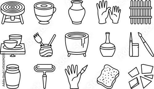 Pottery and Ceramics Tools and Supplies Black Outline Icons
