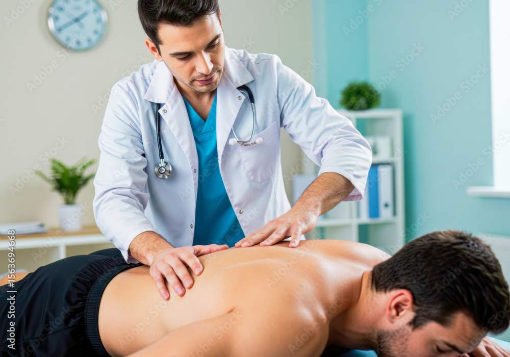 Obraz premium A compassionate medical professional diligently treats a male athlete's painful back injury, guiding him through essential rehabilitation therapy.