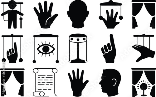 Black Silhouette Icons of Puppets Hands Heads and Curtains