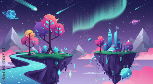 Dreamy futuristic city on floating islands with Aurora Borealis, planets and comets create a whimsical, vibrant, cosmic landscape.
