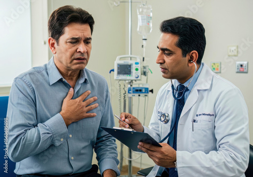 Cardiac Concerns: Male patient discusses inflammatory heart disease & chest pain with hospital specialist.