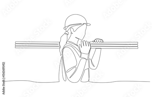 Continuous one line drawing of female construction worker carrying wood, construction work concept, single line art