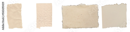 Transparent Background: Collection of Torn Beige and Cream Paper Scraps, Featuring Varied Textures and Distressed Edges for Authentic Vintage Collages and Design.

