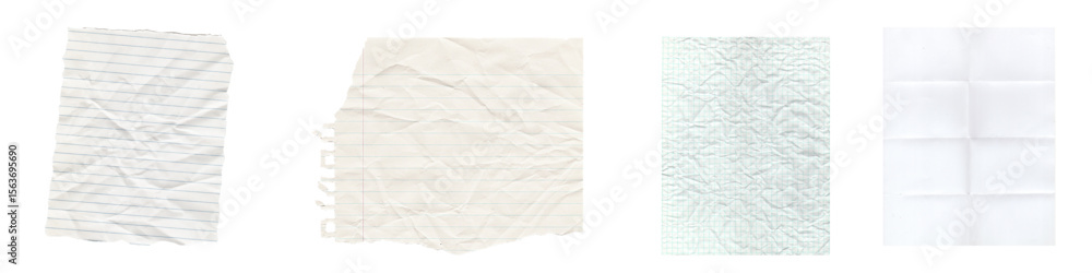 Obraz premium Transparent Background: Assorted Paper Textures - Crumpled White, Ripped Beige, Soft Furry Green, and Folded Grid White - Versatile for Digital Art and Design.