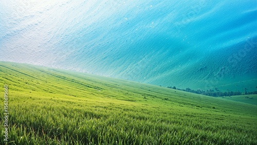 Surreal landscape of rolling green hills meeting a giant blue ocean wave, ethereal nature fantasy, dreamlike meadow and sea fusion background