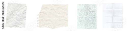 Transparent Background: Assorted Paper Textures - Crumpled White, Ripped Beige, Soft Furry Green, and Folded Grid White - Versatile for Digital Art and Design.

