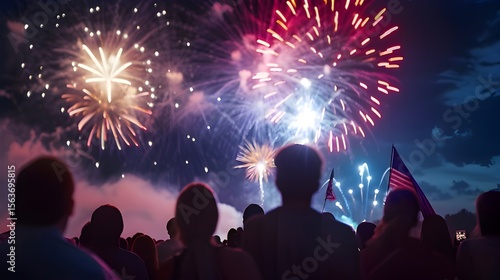 Hyper realistic photo of 4th of July fireworks lighting up the night sky, with people seen from behind in silhouette. American flags, glowing colors, and festive atmosphere in a patriotic celebration.